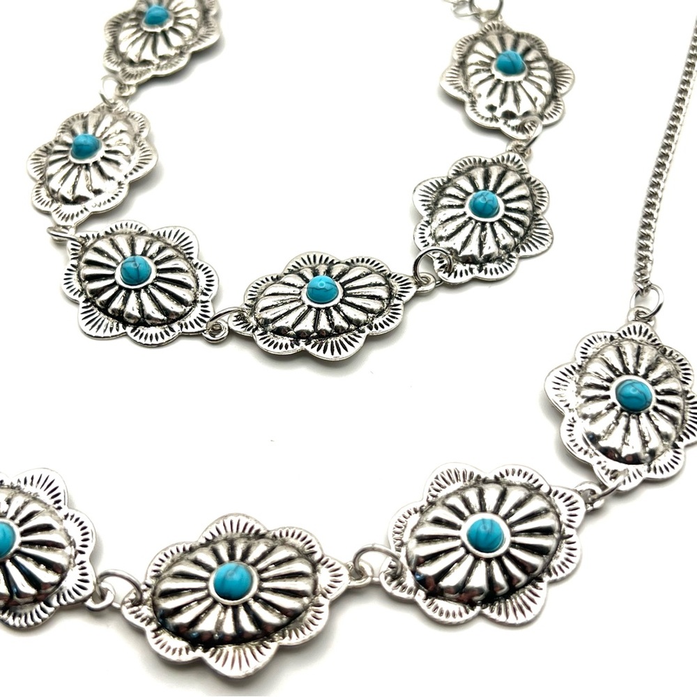 Boho Silver-Tone Turquoise Flower Necklace & Bracelet Set - Picture 5 of 7
